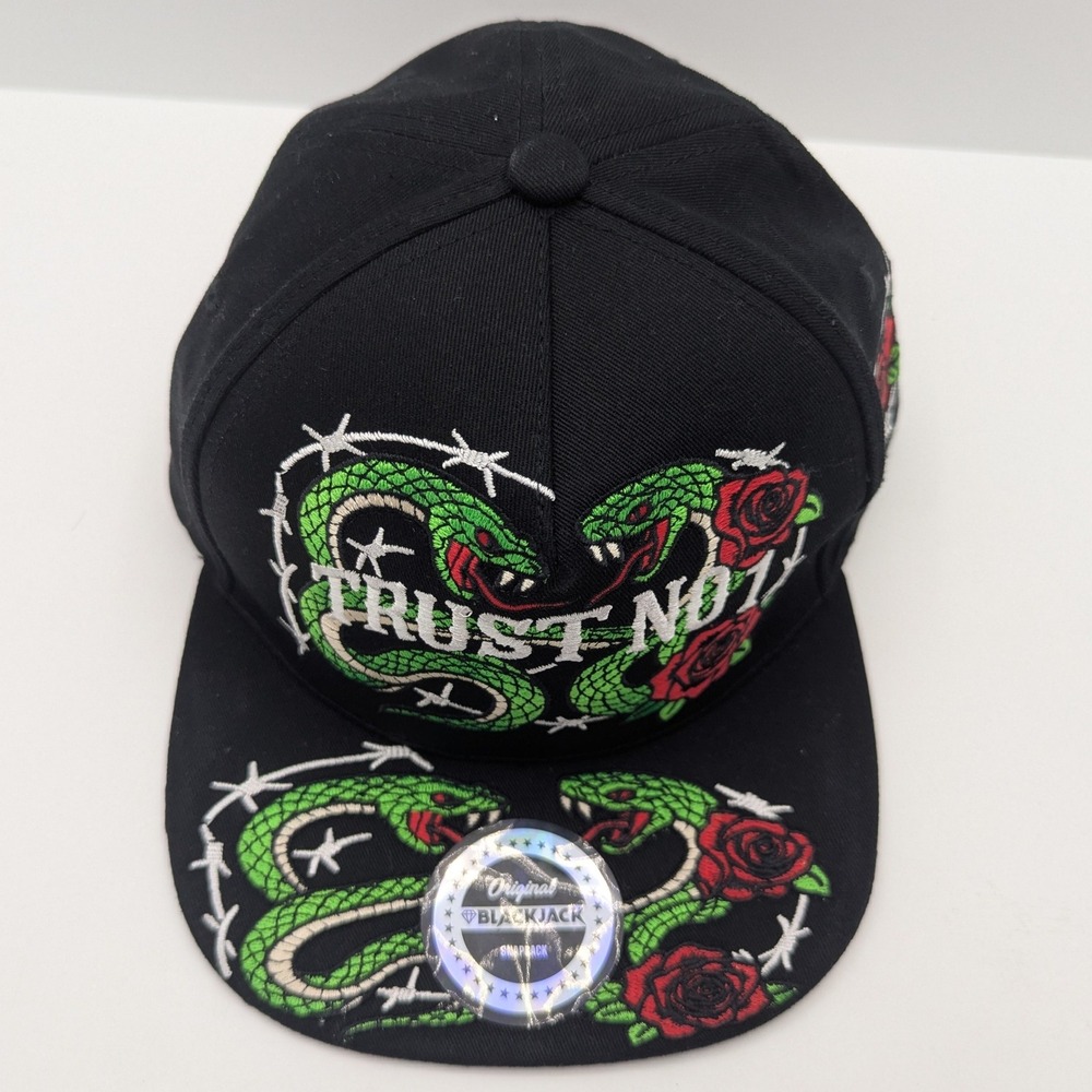 Blackjack Trust No 1 Snapback Hat Black Snake Rose Barbed Wire Flat Brim Cap - Picture 8 of 12